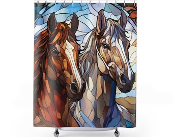 Beautiful Brown And White Horse Shower Curtain, Stained Glass Look Bathtub Curtains, Equestrian Home Decor, Country Farmhouse Bathroom Decor