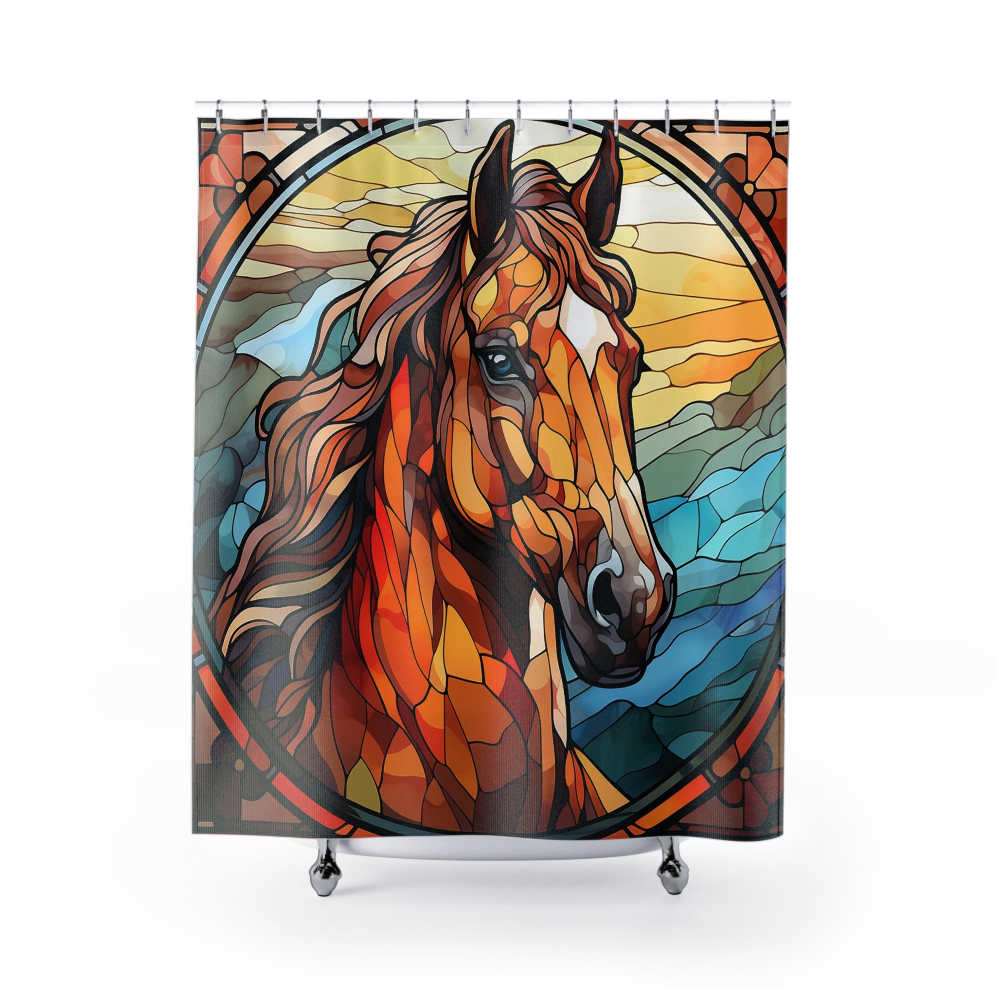 Beautiful Brown Horse Shower Curtain, Stained Glass Look Bathtub Curtains, Equestrian Home Decor, Country Farmhouse Bathroom Decor, Unique.