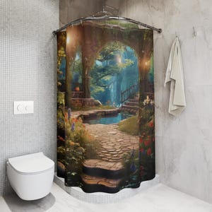 Enchanted Garden Shower Curtain, Nature-Inspired Bathroom Decor, Bohemian Home Accessory, Magical Bathtub Curtains, Fantasy Home Decor Art