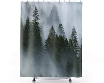 Smoky Pine Trees Shower Curtain, Outdoor Mountain Scene Bathroom Decor, Cool Lodge Log Cabin Bathroom Curtain, Custom Trees Shower Curtain.