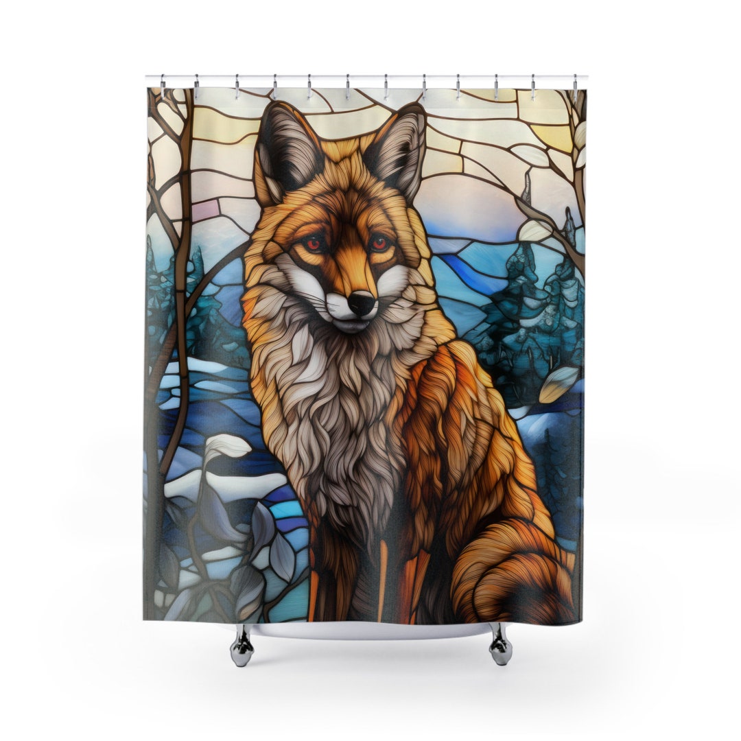 Red Fox Shower Curtain, Winter Scene With Fox Bathroom Decor, Stained