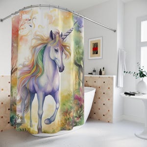 Fantasy Unicorn Shower Curtain, Watercolor Look Bathtub Curtains, Mystical Forest Bath Decor, Childs Kids Bathroom Curtain, Unicorn Bathroom