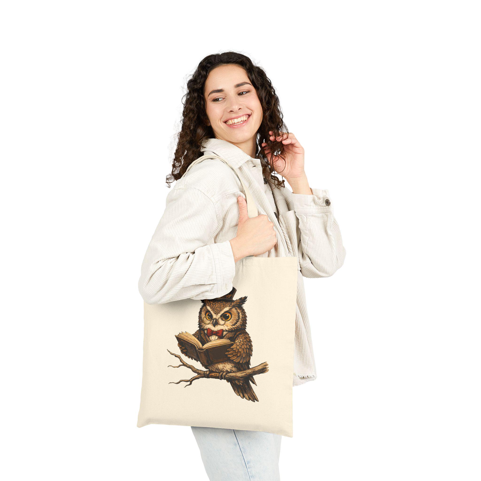 Vintage Owl Reading with Top Hat Tote Bag | Canvas Booklover Accessory