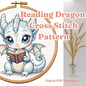 Reading Dragon Cross Stitch Pattern PDF, Cute Dragon Reading Book, Fantasy Dragon Chart, Pattern Keeper, Instant Download