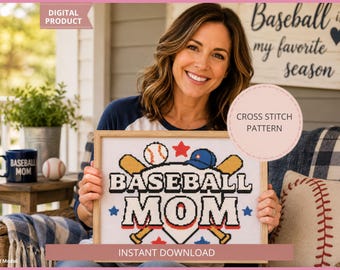 Baseball maman point de croix motif PDF, cadeau pour maman sportive, tableau de broderie maman de l'équipe, décoration baseball téléchargement immédiat