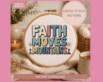 La foi déplace les montagnes, point de croix motif PDF, tableau de citation foi chrétienne, décoration murale religieuse, téléchargement inspiré de la Bible moderne