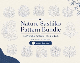 Lot de motifs de broderie Sashiko PDF, 11 motifs de couture japonais nature, modèles de raccommodage visibles Boro imprimables, téléchargement immédiat