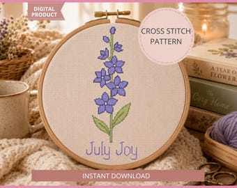 Naissance de juillet fleur motif point de croix PDF, pied d'alouette, broderie botanique, joie de juillet, cadeau fleur d'été