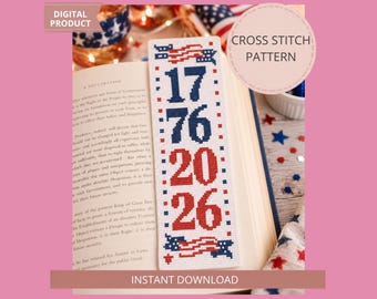 America250 point de croix marque-page motif PDF, 4 juillet patriotique point de croix compté, cadeau pour les amoureux des livres