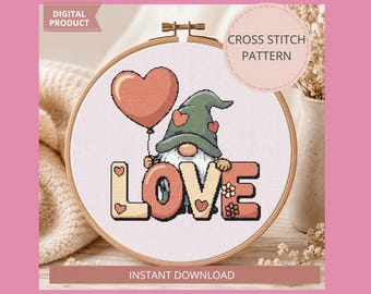 Gnome Love point de croix motif PDF, tableau de broderie gnome de la Saint-Valentin, mignon amour point de croix compté, décoration romantique DIY, téléchargement numérique