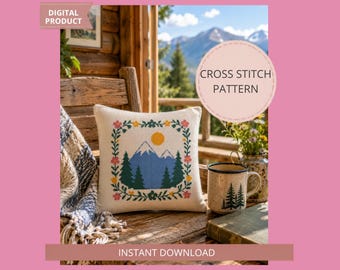 Montagne motif point de croix PDF, carte florale de paysage de montagne, cabine Decor Xstitch, motif de broderie Nature Cottagecore