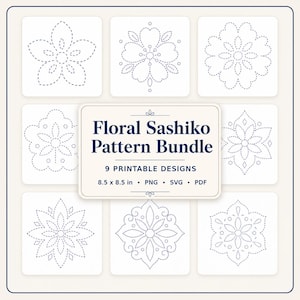 Op de afbeelding: Een digitale collectie van negen florale Sashiko-patronen met donkerblauwe stippellijnen op witte vierkanten. Het centrale label toont Floral Sashiko Pattern Bundle, 9 Printable Designs, 21,59 x 21,59 cm, PNG, SVG, PDF.