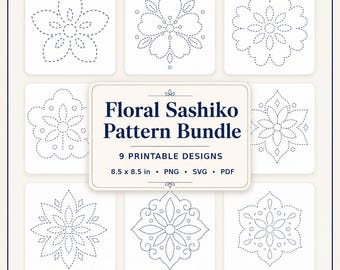 Lot de motifs floraux Sashiko PDF, 9 motifs floraux brodés japonais, modèles de raccommodage visibles, téléchargement de couture Boro imprimable