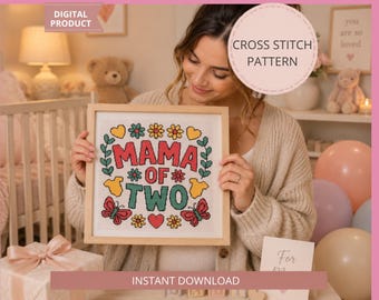 Maman de deux enfants, modèle de point de croix PDF, cadeau pour une maman de deux enfants, premier tableau de la fête des mères, souvenir de shower de bébé, motif de décoration de chambre d'enfant