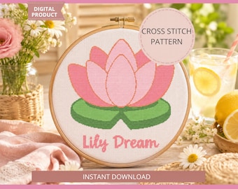 Naissance de juillet fleur motif point de croix PDF, nénuphar, broderie florale rêve de lys, cadeau fleur d'été