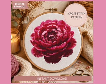 Pivoine motif point de croix PDF, tableau de fleurs roses, point de croix compté floral botanique, décoration murale DMC moderne