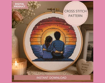 PDF, motif de point de croix commémoratif, souvenir détaillé de la perte d'un être cher, tableau du souvenir de couple coucher de soleil, patron