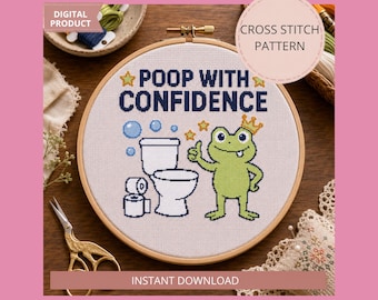 Modèle PDF de point de croix, décoration murale drôle de salle de bain, grille de point de croix compté toilette grenouille, cadeau humour salle de bain sarcastique