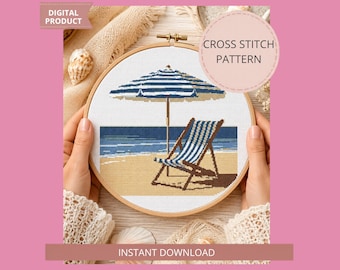 Modèle PDF de plage au point de croix, chaise et parasol, grille de point de croix compté, décoration côtière estivale, fichier Pattern Keeper
