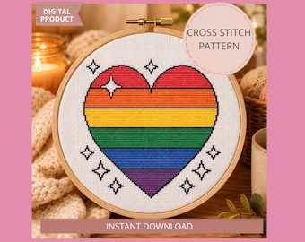 Mois de la fierté : PDF motif point de croix, grille de point de croix coeur arc-en-ciel, art mural LGBTQ, motif de broderie coeur arc-en-ciel moderne