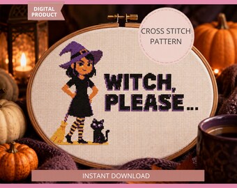 La sorcière s'il vous plaît, modèle PDF au point de croix, tableau de sorcière drôle d'Halloween, décoration fantasmagorique impertinente, motif sorcière et chat noir