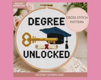 L'obtention du diplôme modèle de point de croix PDF, diplôme déverrouillé cadeau pour diplômé moderne, tableau de broderie pour l'obtention du diplôme universitaire, modèle de casquette de diplôme clé