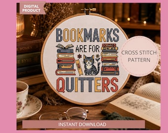 Les signets de modèle de point de croix sont pour ceux qui ont arrêté de fumer PDF, tableau drôle de chat livresques, cadeau d'amateur de livres, décoration murale de lecteur