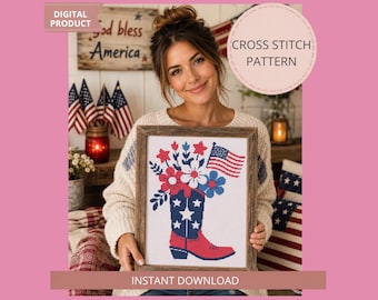 Botte de cowboy patriotique, motif PDF au point de croix, fleurs du 4 juillet, drapeau Americana, décoration d'été western