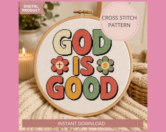 Dieu est bon modèle de point de croix PDF, tableau de citations de foi chrétienne, décoration murale religieuse, téléchargement numérique inspiré de la Bible moderne