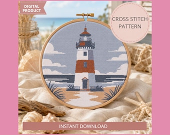 Phare d'été, modèle de point de croix PDF, décoration de maison de plage côtière, tableau de couture phare, bord de mer compté point de croix, téléchargement
