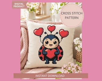 Coccinelle point de croix motif PDF, Chibi Love Bug compté grille de point de croix, motif de printemps, téléchargement immédiat