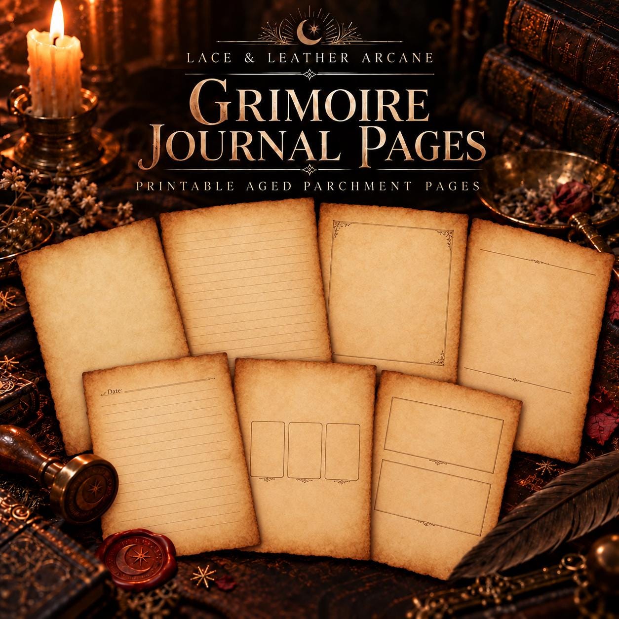 Grimoire Journal Pages cover for printable Book of Shadows, tarot and ritual journal layouts