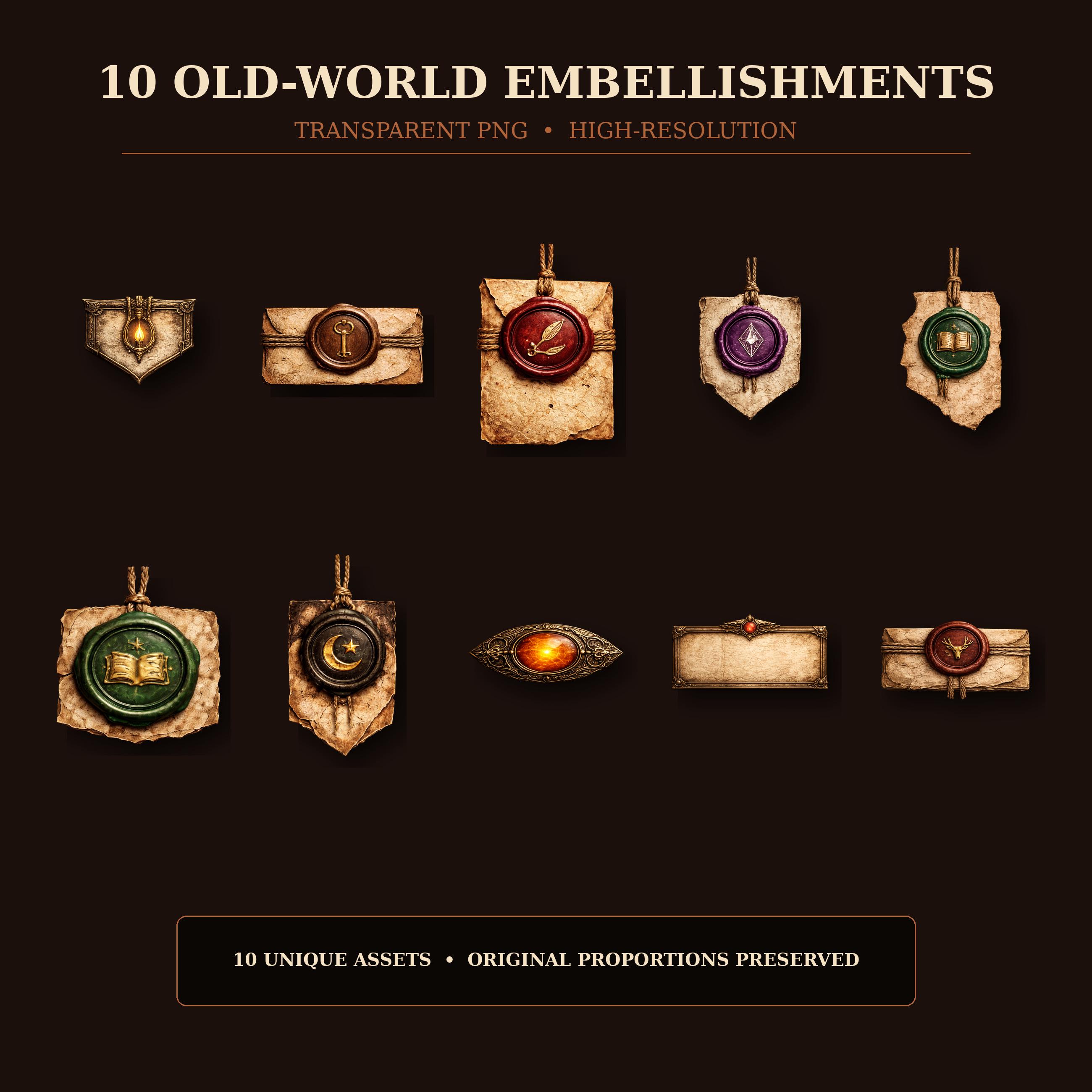 Preview grid of the ten transparent PNG wax seals and bookmaker embellishments included in the pack