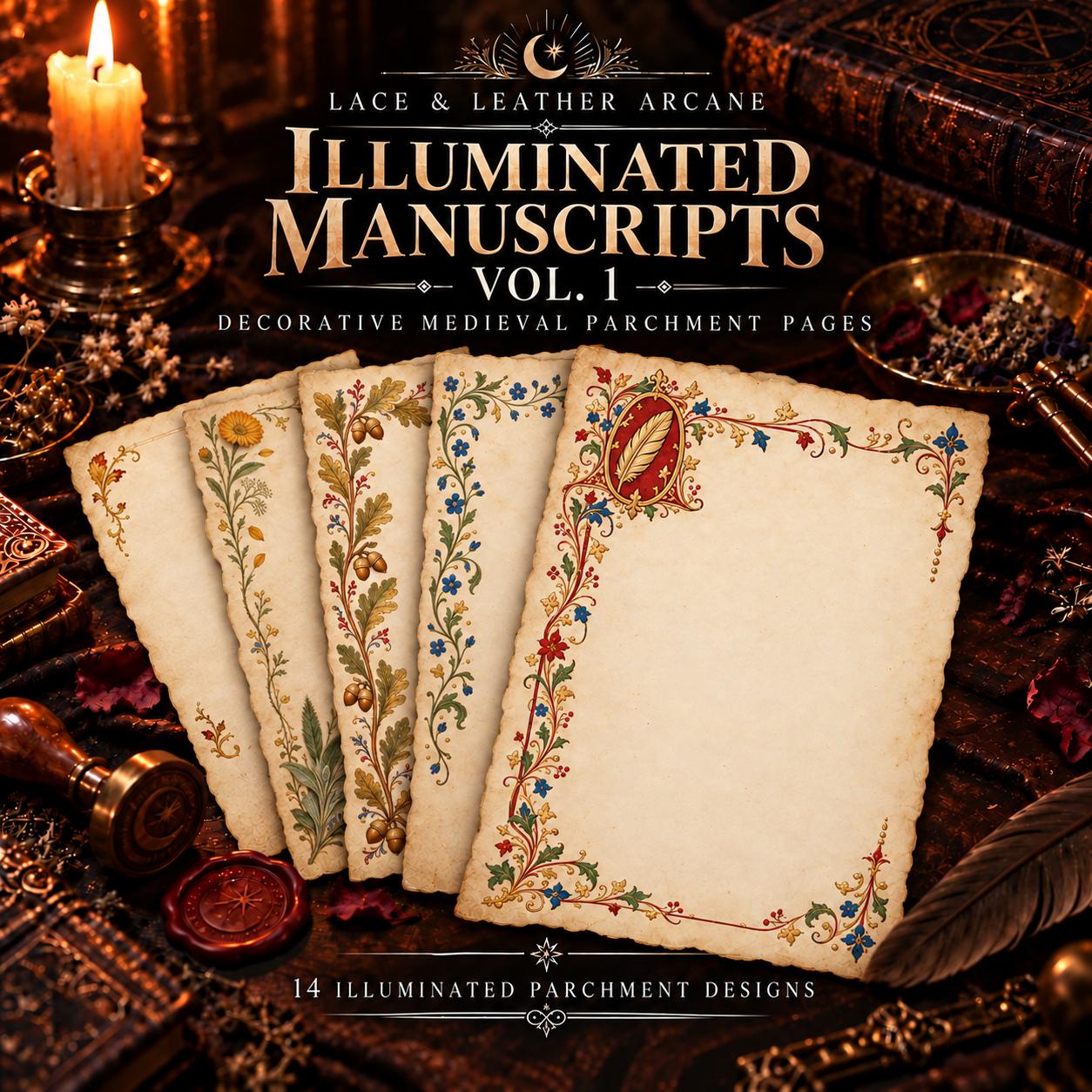 Illuminated Manuscripts Vol. 1 cover with aged medieval parchment pages and botanical illumination