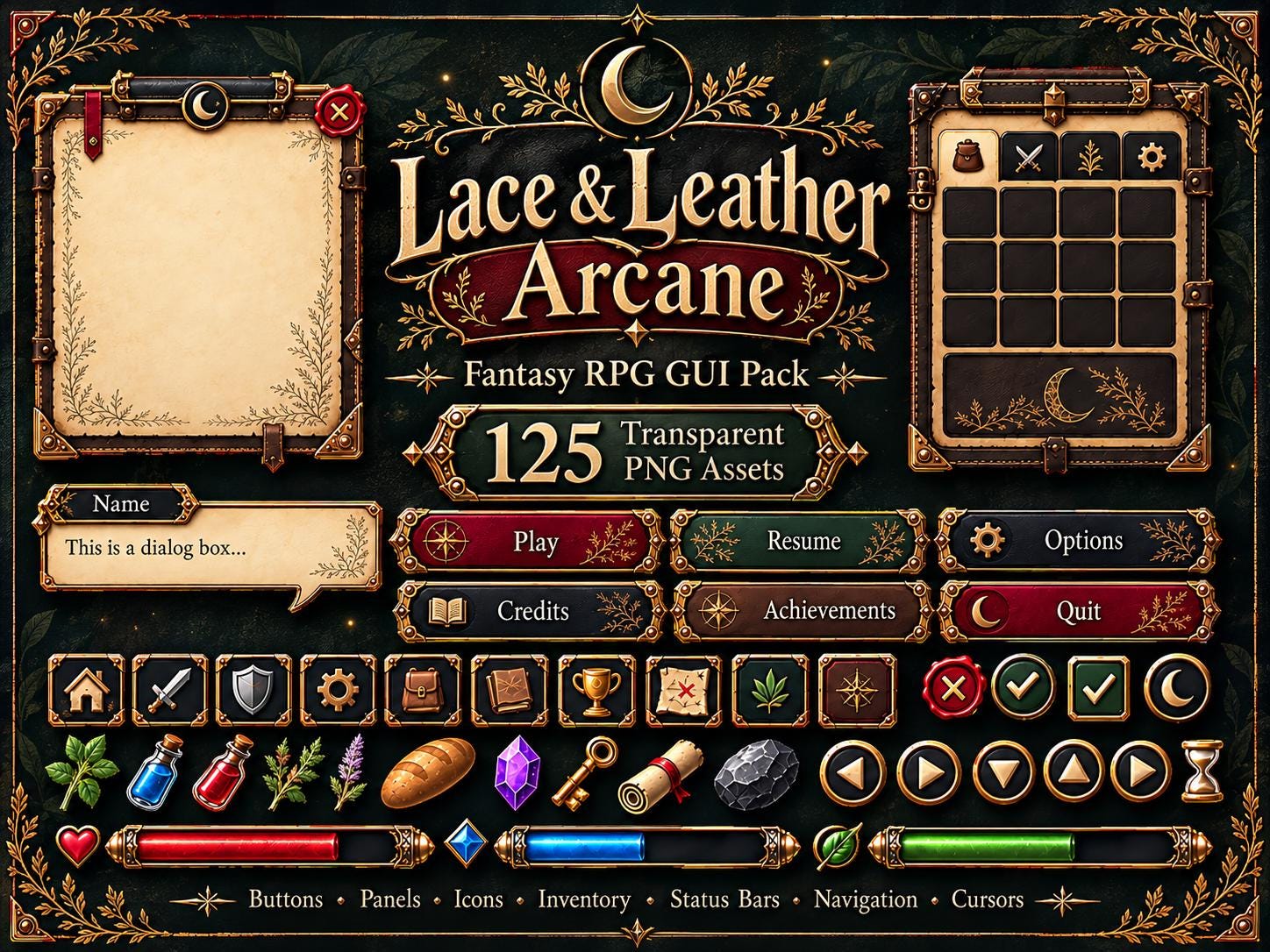 Fantasy RPG GUI Pack with leather, brass, parchment and arcane interface assets