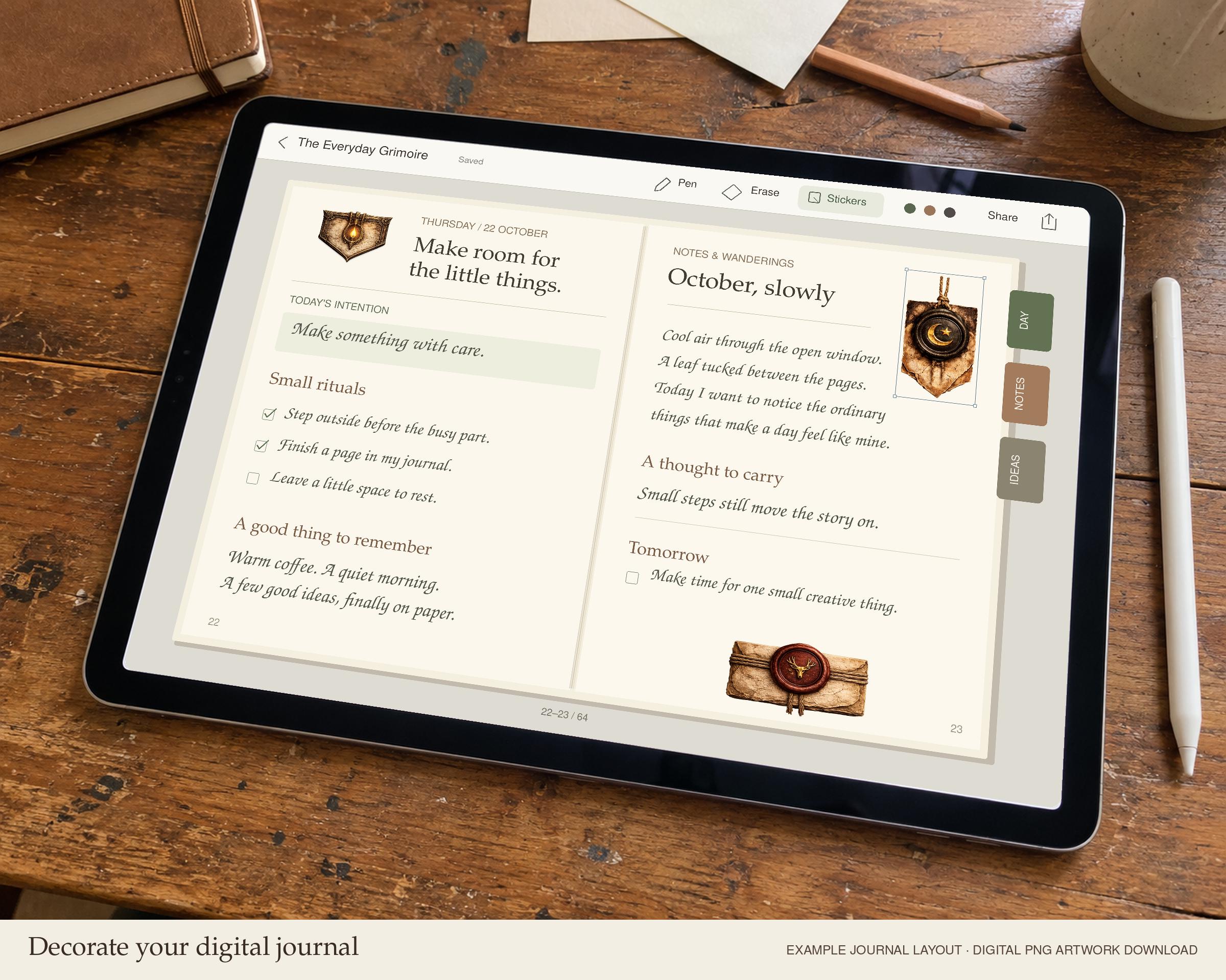 Digital journal decorated with Bookmaker lantern, stag emblem and moon bookmark PNG assets