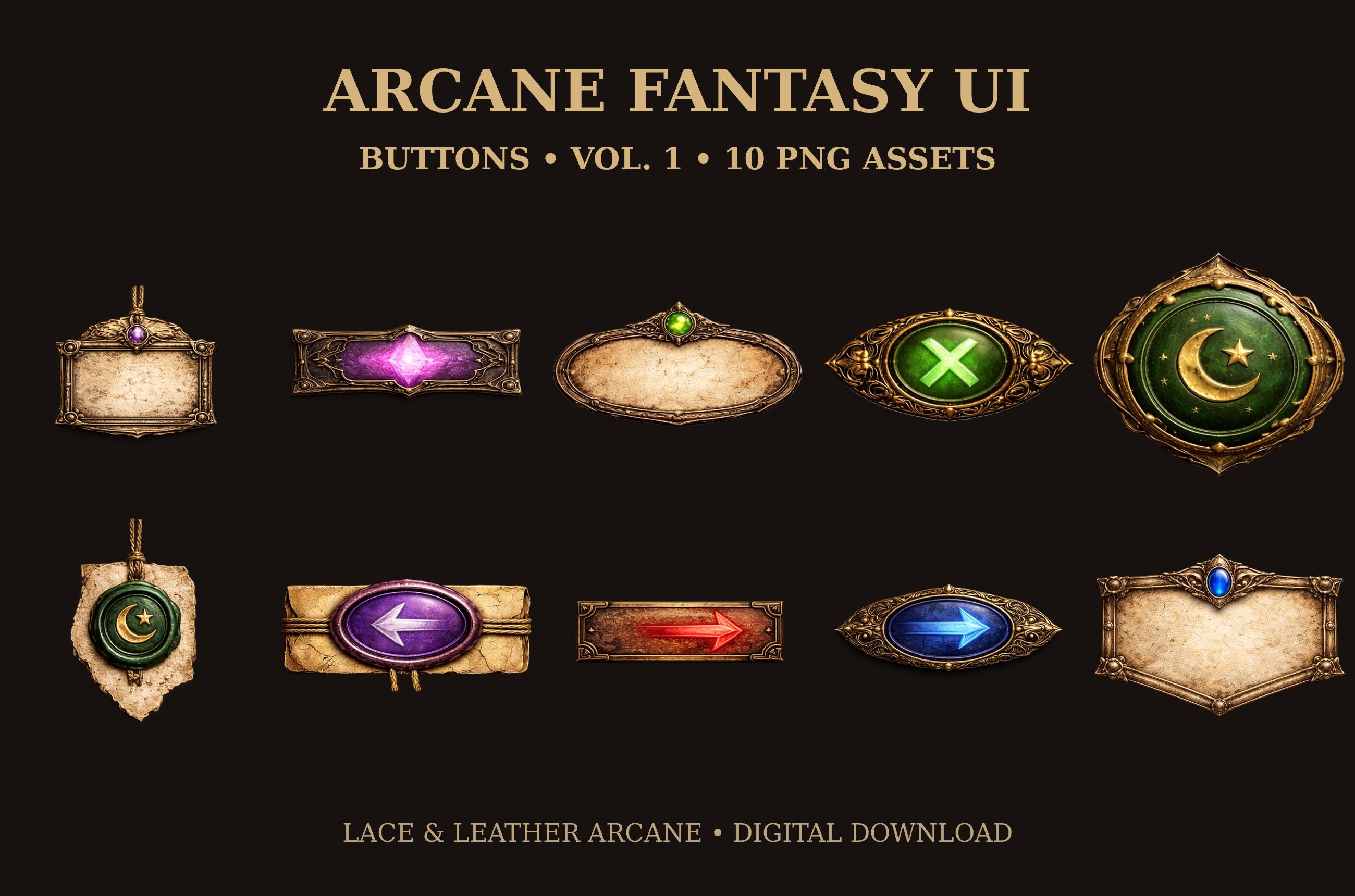 Arcane Fantasy UI Buttons Vol. 1 collection of ten transparent fantasy interface assets