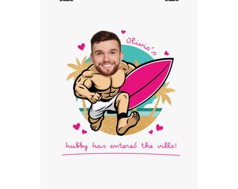 Personalized Surfer Cartoon Matte Vertical Poster | Custom Face, Beach Love Design