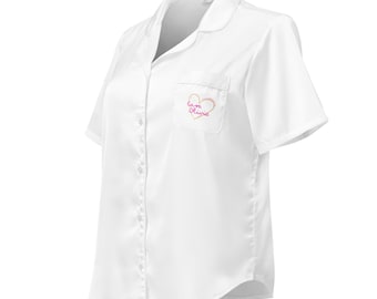 Custom Bridal Pajama Top, Casa Olivia Bachelorette PJs, Bach Island Silk Style Button Down, Personalized Bride Squad Sleepwear
