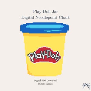 May include: A digital needlepoint chart featuring a pixel art illustration of a yellow Play-Doh jar with a blue lid and the Play-Doh logo in red. The text reads Play-Doh Jar Digital Needlepoint Chart, Digital PDF Download, and Instant Access.