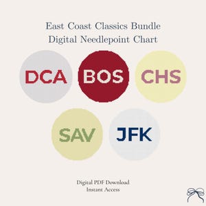 Może przedstawiać: Cyfrowy schemat haftu krzyżykowego z pięcioma okrągłymi wzorami z kodami lotnisk: DCA, BOS, CHS, SAV i JFK. Tekst "East Coast Classics Bundle" i "Digital Needlepoint Chart" znajduje się na górze. Na dole znajduje się tekst "Digital PDF Download Instant Access".