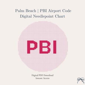 Może przedstawiać: Cyfrowy schemat haftu krzyżykowego z tekstem "Palm Beach | Kod lotniska PBI" na górze. Projekt przedstawia różowy okrąg z literami "PBI" pogrubioną, fuksjową czcionką. Poniżej okręgu widnieje napis "Cyfrowe pobieranie PDF Natychmiastowy dostęp".