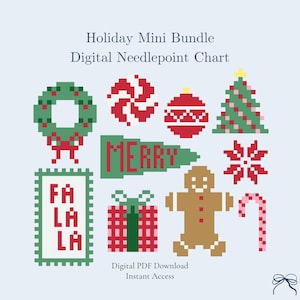 Może przedstawiać: Cyfrowy wzór do haftu igłowego zatytułowany Holiday Mini Bundle, zawierający ikony w stylu pixel art: wieniec, miętówka, bombka, choinka, baner z napisem MERRY, płatek śniegu, znaczek z napisem FA LA LA, prezent, piernikowy ludzik i laska cukrowa.