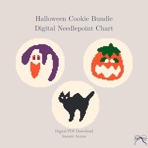 May include: Halloween Cookie Bundle Digital Needlepoint Chart. Three circular pixel art designs featuring a purple and orange ghost, an orange pumpkin with a green stem, and a black cat. Text reads: Halloween Cookie Bundle Digital Needlepoint Chart.