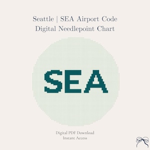 Może przedstawiać: Cyfrowy wzór do haftu krzyżykowego z kodem lotniska SEA w Seattle w kolorze turkusowym na jasnoróżowym tle. Tekst brzmi "Seattle | SEA Airport Code Digital Needlepoint Chart" u góry i "Digital PDF Download Instant Access" na dole.