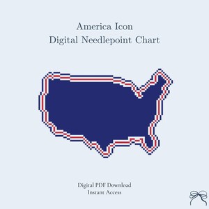Könnte beinhalten: Digitale Kreuzstichvorlage mit einer pixeligen Umrisszeichnung der Vereinigten Staaten in Blau, mit roten und weißen Rändern. Der Text "America Icon" und "Digital Needlepoint Chart" steht oben. Der Text unten lautet "Digital PDF Download Instant Access".