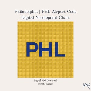 Może przedstawiać: Cyfrowy schemat haftu krzyżykowego z kodem lotniska w Filadelfii, PHL, w kolorze granatowym na żółtym tle. U góry znajduje się tekst "Philadelphia | PHL Airport Code Digital Needlepoint Chart".