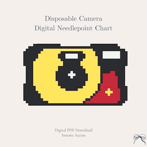 Disposable Camera Needlepoint Chart | Retro Film Camera Cross Stitch Pattern | Bag Charm Ornament PDF | 13 & 18 Mesh Instant Download