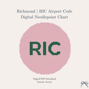 Może przedstawiać: Cyfrowy wzór do haftu krzyżykowego z kodem lotniska Richmond "RIC" w ciemnozielonych literach na różowym okręgu. U góry znajduje się tekst "Richmond | RIC Airport Code Digital Needlepoint Chart". Na dole widnieje napis "Digital PDF Download Instant Access".