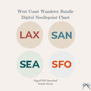 Może przedstawiać: Cyfrowy schemat haftu krzyżykowego zatytułowany "West Coast Wanderer Bundle". Projekt zawiera cztery okręgi z kodami lotnisk LAX, SAN, SEA i SFO w różnych kolorach. Tekst "Digital PDF Download Instant Access" jest również dołączony.